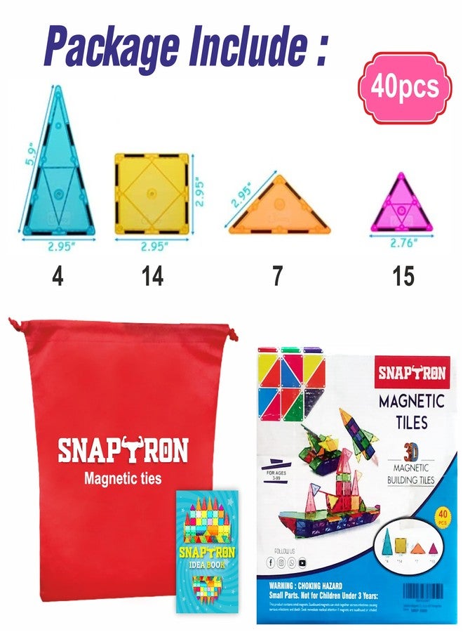 سنابترون مكعبات سنابترون المغناطيسية للأطفال - مجموعة من 40 قطعة، هدية مثالية للبنات والأولاد، مكعبات مغناطيسية للأطفال من عمر 3 سنوات فما فوق، لعبة بناء وتعلم مغناطيسية تعليمية - Image 2